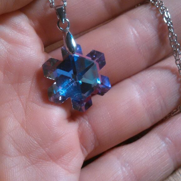 Mystic Color Crystal Snowflake Brass Pendant Stainless Steel Necklace - Picture 9 of 16